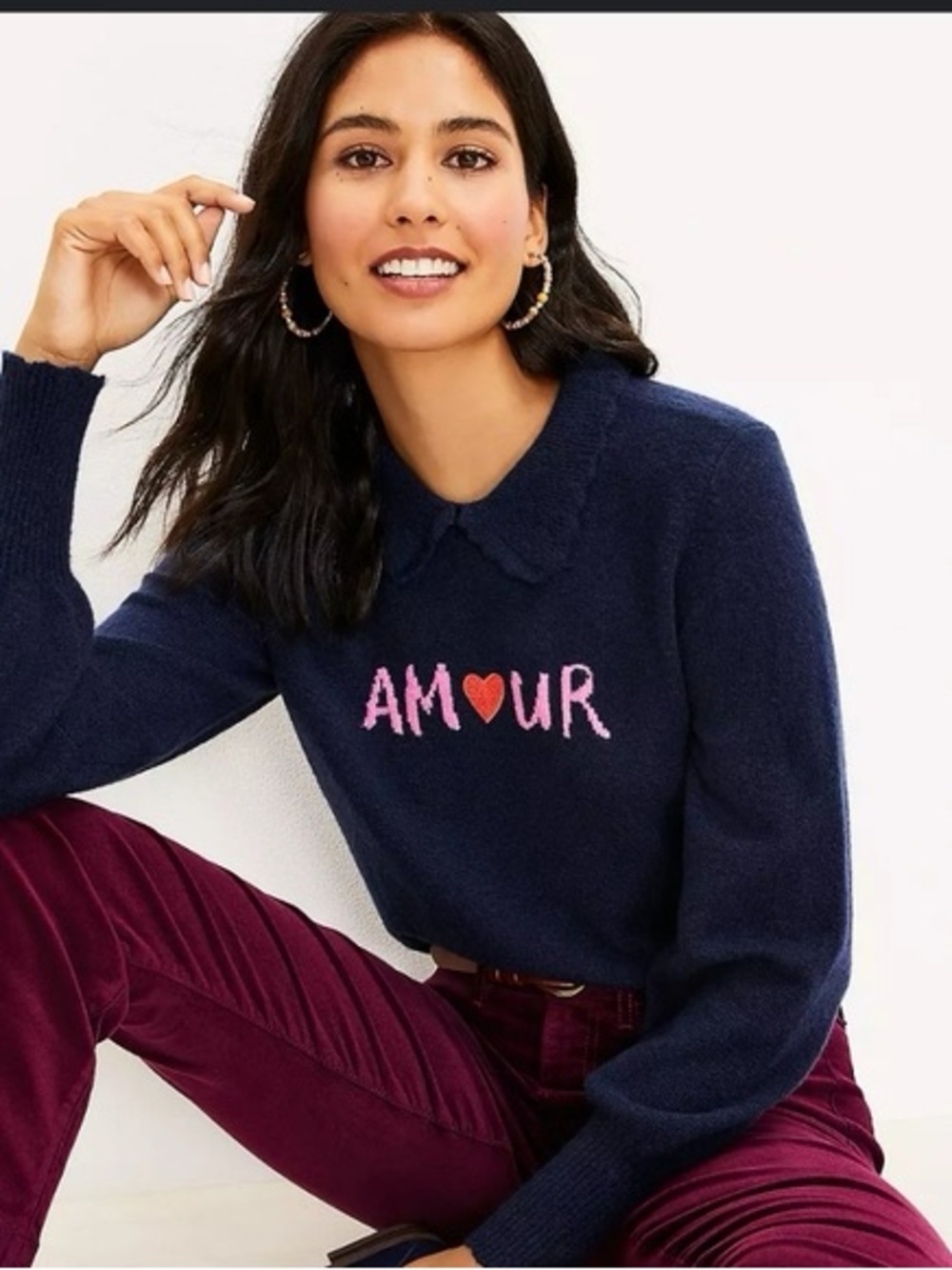 LOFT Navy Crewneck Sweater with Pink AMOUR Script and Red Heart